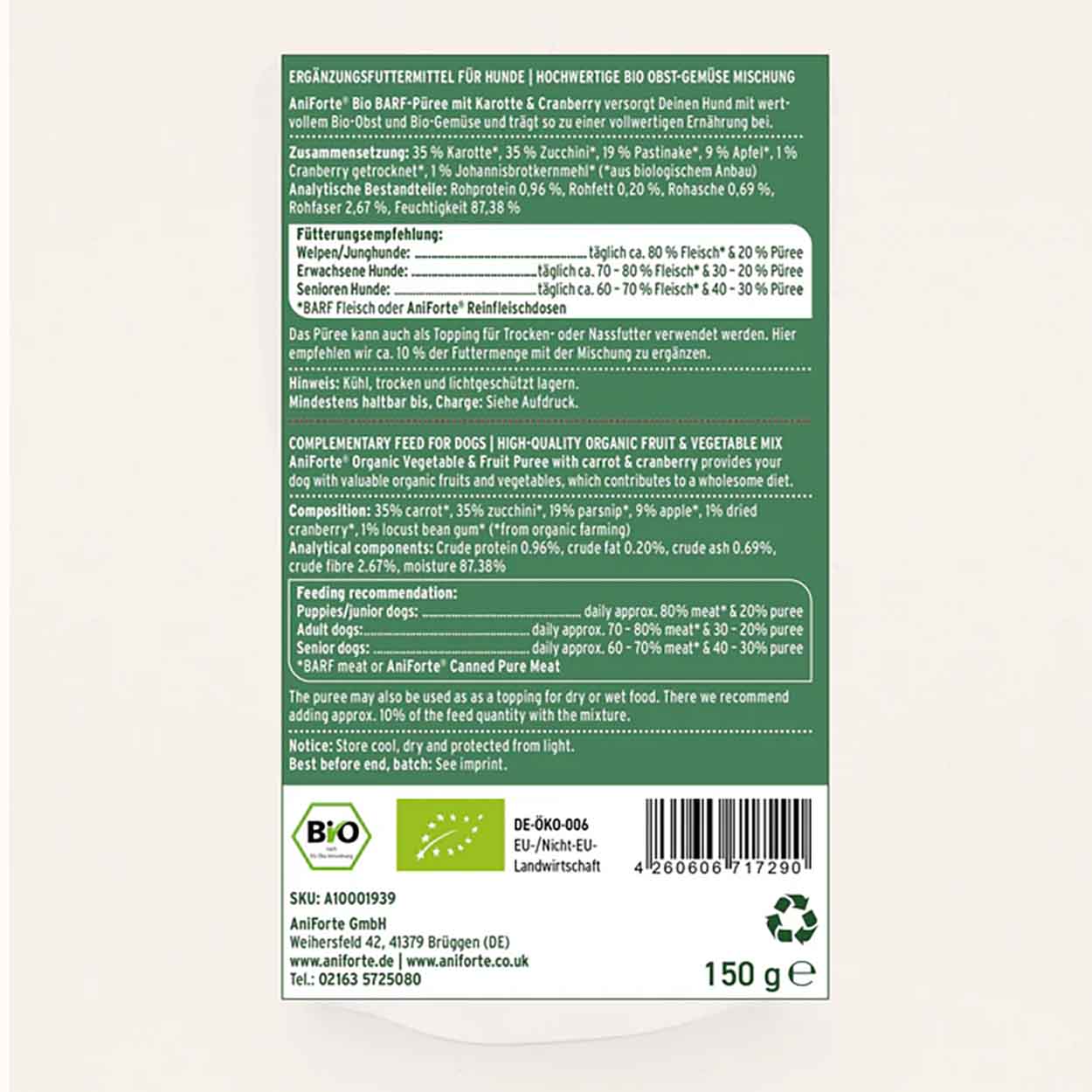 AniForte Bio BARF Püree Karotte & Cranberry 14x150g