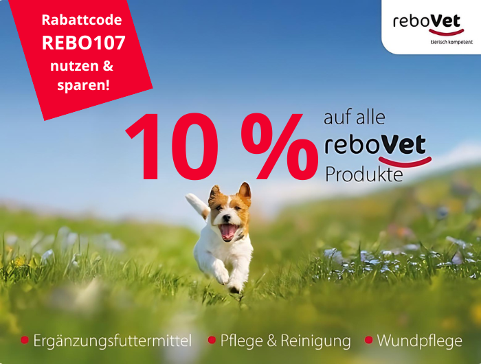 Angebotsbanner: 10% Rabatt mit Code REBO107 auf alle rebovet-Produkte sparen!