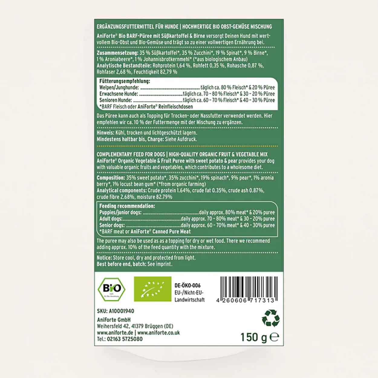 AniForte Bio BARF Püree Süßkartoffel & Birne 14x150g