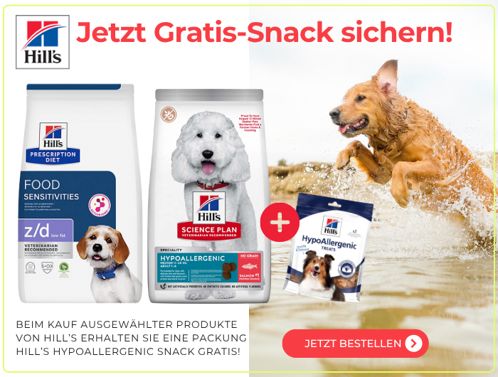 Bannerwerbung: Jetzt Gratis Snack sichern! Beim Kauf ausgewählter Produkte von Hill's erhalten Sie eine Packung Hills Hypoallergenic Snack 200g gratis! Jetzt bestellen!